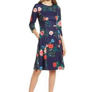 Eliza J Dress Fit & Flare 3/4 Sleeves Back Zip Floral Design Navy Women's 8 NWT